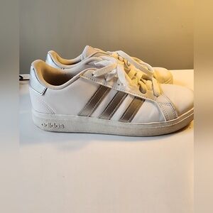 Adidas White Sneakers with Metallic Stripes 4 1/2